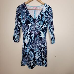 Lilly Pulitzer CLARKE V NECK FRENCH TERRY DRESS Bright Navy Good Reef XS